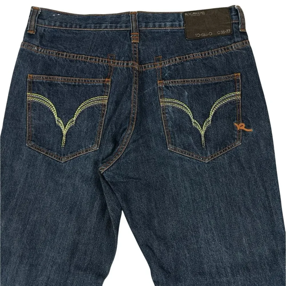 Rocawear Vintage Jeans Mens 38X32 Dark Wash Wide Leg Embroidered Logo Street